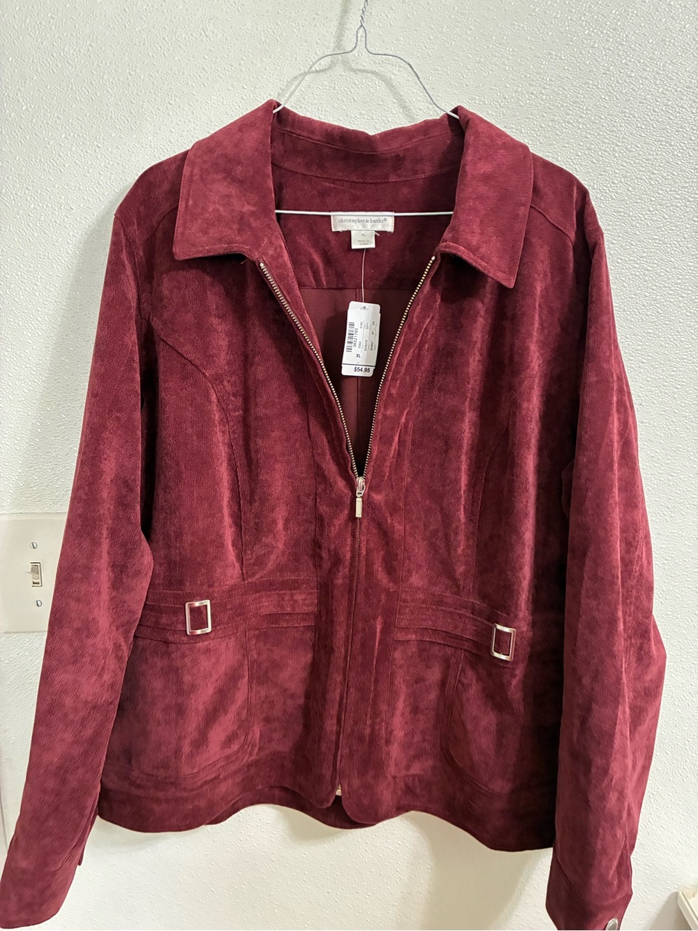 Christopher & Banks Wine Suede Feel Zip-Front Jacket NWT XL